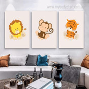 Animated Lion Elephant Animal Nursery Minimalist 3 Piece Set Canvas Print Photograph for Room Wall Art Outfit