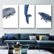 Blue Narwhal Whale Animal Modern Photograph 3 Panel Canvas Print Artwork Set for Room Wall Getup