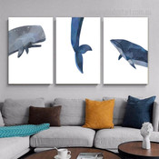 Blue Narwhal Whale Fish Animal Modern 3 Multi Panel Painting Set Photograph Nursery Print on Canvas for Wall Hanging Finery