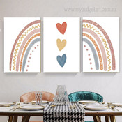 Zigzag Rainbow Strokes Hearts Modern 3 Multi Panel Minimalist Painting Set Photograph Nursery Canvas Print for Room Wall Decoration