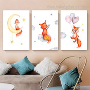 Animated Fox Cartoon Clouds Minimalist Animal Set Picture 3 Multi Panel Nursery Canvas Print Artwork Set for Wall Hanging Trimming