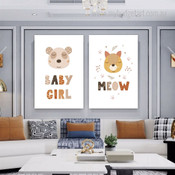 Animated Kitty Face Bear Typography Scandinavian Photograph 2 Piece Animal Set Kids Nursery Canvas Print for Room Wall Art Assortment