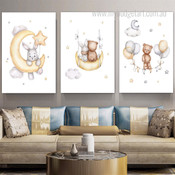 Teddy Bear On Moon Rabbit Animal Watercolour 3 Panel Set Painting Photograph Nursery Canvas Print Home Wall Garnish