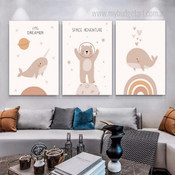 Space Adventure Bear Whale Animal Nursery 3 Piece Scandinavian Painting Sets Photograph Canvas Print for Wall Hanging Onlay