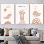 Space Adventure Bear Spots Animal Scandinavian 3 Piece Wall Artwork Photograph Kids Nursey Canvas Print Set for Room Molding