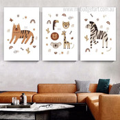 Animated Zebra And Cat Giraffe Botanical Animal Set Picture 3 Multi Panel Nursery Canvas Print Artwork Set for Wall Hanging Trimming