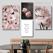 Peonies Flowers Floral Typography Rolled Canvas Print 4 Piece Wall Art Picture for Room Decor