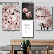 Peonies Flowers Floral Typography Framed Artwork 4 Piece Set Canvas Print for Room Wall Decoration