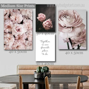 Peonies Flowers Floral Typography Stretched Canvas Frame 4 Multi Panel Wall Art Print for Living Room Decor