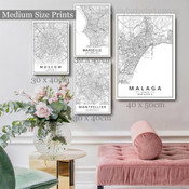 Marseille Montpellier Malaga Moscow Modern Map Photograph 4 Piece Set Stretched Artwork Canvas Print for Room Wall Garnish