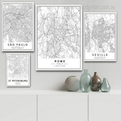 Sao Paulo Rome Seville Abstract Map Rolled Photograph 4 Piece Set Modern Canvas Print for Room Wall Artwork Outfit