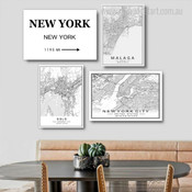 Malaga Oslo New York City Modern Map 4 Multi Panel Painting Set Photograph Abstract Print on Canvas for Wall Hanging Molding