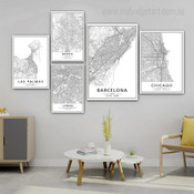 Las Palmas Madrid London Chicago Modern Stretched Cheap 5 Multi Panel Map Wall Art Photograph Abstract Canvas Print for Room Moulding