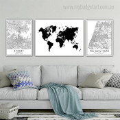 Sydney Tel Aviv Yafo Abstract Map Photograph 3 Piece Set Artwork Wrapped Rolled Canvas Print for Room Wall Embellishment
