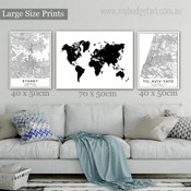 Sydney Tel Aviv Yafo Map 3 Multi Panel Abstract Painting Set Photograph Rolled Canvas Print for Room Wall Drape