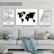 Sydney Tel Aviv Yafo Map Abstract Stretched Canvas Print 3 Piece Set Photograph for Room Wall Art Equipment