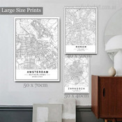 Amsterdam Warsaw Zaragoza Abstract Photograph Map Rolled Wrapped 3 Multi Piece Set Canvas Print for Room Wall Painting Trimming
