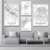 Bilbao Cordoba Malaga Map Stretched Abstract Artwork Picture 4 Piece Set Canvas Print Art for Room Wall Hanging Adornment