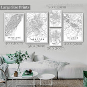 Barcelona Zaragoza Seville Map Modern Abstract Framed Artwork Picture 5 Panel Canvas Prints for Home Decor