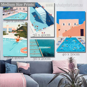 Summer Swimming Pool Abstract Architecture Modern Framed Artwork Image 5 Piece Canvas Print for Home Décor