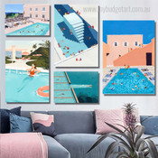 Summer Swimming Pool Abstract Architecture Modern Framed Artwork Picture 5 Piece Wall Art for Apartment Décor