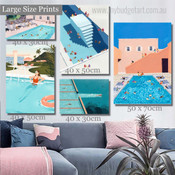 Summer Swimming Pool Abstract Architecture Modern Framed Artwork Photo 5 Piece Multi Panel Wall Art for Room Décor