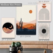 Chromatic Mount Cactus Moon Scandinavian Landscape Abstract Stretched Canvas Print 4 Piece Set Photograph for Room Wall Art Equipment