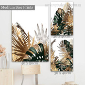 Gold Leaves Tropical Plants Botanical Nordic Stretched Framed Artwork Picture 3 Piece Canvas Wall Art for Home Décor