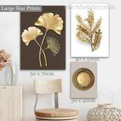 Golden Ginkgo Leafage Botanical Cheap 3 Panel Vintage Wall Art Photograph Minimalist Stretched Canvas Print for Room Onlay