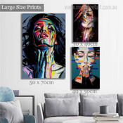 Colorific Women Faces Abstract Figure Contemporary Canvas Artwork Image 3 Panel Canvas Print for Home Decoration