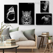Furious Shark Black and White Wild Animals Modern Artwork Image 4 Piece Canvas Prints for Living Room Decoration