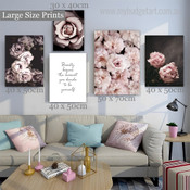 Pink Peonies Flowers Floral Typography Modern Canvas Artwork Picture 5 Panel Wall Art for Room Garniture
