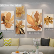 Gold Flower Set Floral Abstract Modern Artwork Picture 5 Piece Canvas Art for Room Wall Adorn