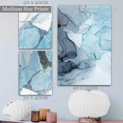 Blue Splotch Marble Spots Modern 3 Multi Panel Painting Set Photograph Abstract Rolled Print On Canvas For Wall Hanging Garniture