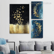 Gold Fishes And Butterflies Abstract Animal Stretched Photograph 3 Multi Panel Set Art Modern Canvas Print for Room Wall Flourish