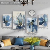 Blue Flowers Modern Floral Abstract Artwork Photo 4 Panel Canvas Set for Room Wall Adornment