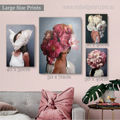 Floral Feathers Women Abstract Female Figure Fashion Style Modern Artwork Image 4 Piece Wall Art for Room Wall Ornament