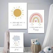 You Are My Sunshine Rainbow Nursery Kids Modern Artwork Picture 3 Piece Canvas Art for Room Wall Ornament