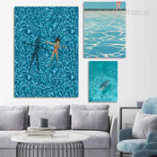 Blue Swimming Pool Feme Landscape Modern Photograph 3 Piece Set Artwork Wrapped Rolled Canvas Print for Room Wall Embellishment