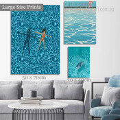 Blue Swimming Pool Feme Female Modern 3 Multi Panel Landscape Painting Set Photograph Rolled Canvas Print for Room Wall Finery