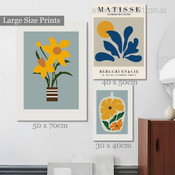 Yellow Floret Vases Flowers Floral Modern Photograph 3 Piece Set Artwork Wrapped Rolled Canvas Print for Room Wall Embellishment