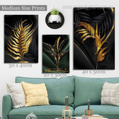 Gold Foliage Modern Abstract 3 Multi Panel Wrapped Rolled Wall Artwork Photograph Botanical Print on Canvas for Room Illumination