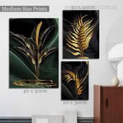 Golden Leafage Modern Botanical 3 Multi Panel Wall Artwork Photograph Stretched Print on Canvas for Room Trimming
