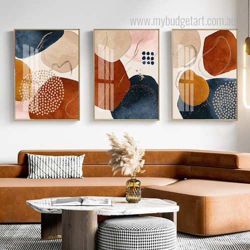 Pebbles Abstract Scandinavian Framed Stretched Artwork 3 Panel Canvas Prints for Room Wall Ornament