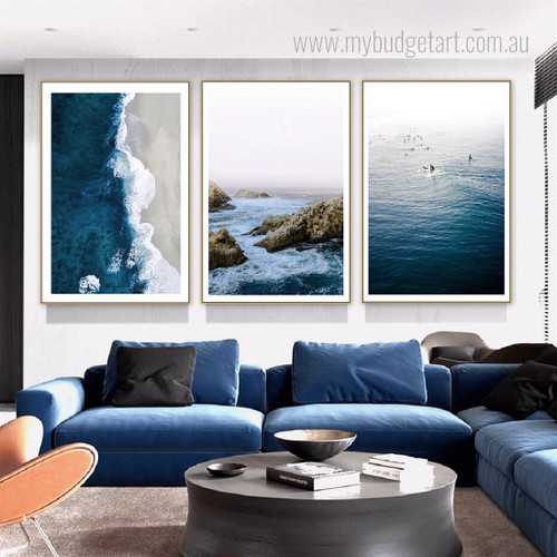 Sea Waves Landscape Modern Framed Stretched Artwork 3 Piece Multi Panel Canvas Prints for Room Wall Adornment