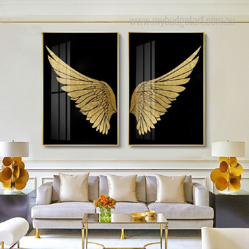 Golden Wings Modern Abstract Framed Stretched Artwork 2 Panel Canvas Prints for Room Wall Ornament