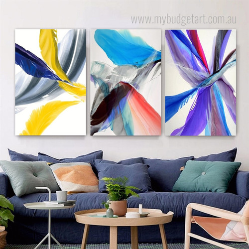 Colorful Feather Abstract Watercolor Modern Stretched Framed Artwork 3 Panel Canvas Art for Room Wall Finery