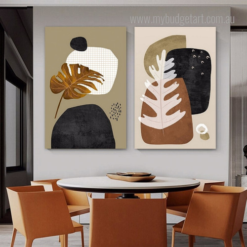 Leaves Botanical Abstract Scandinavian Stretched Framed Artwork 2 Piece Wall Art for Room Wall Ornament