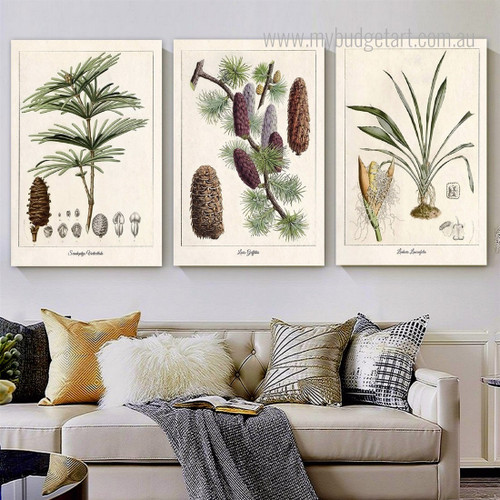 Tropical Plants Leaves Botanical Vintage Stretched Framed Artwork 3 Panel Wall Art for Room Wall Adornment