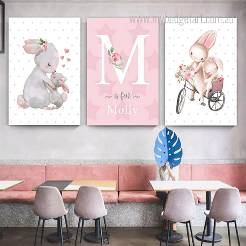 Rabbit Floret Cartoon Elephant Minimalist Floral Photograph Animal 3 Piece Custom Personalised Nursery Canvas Print Artwork Set for Room Wall Arrangement